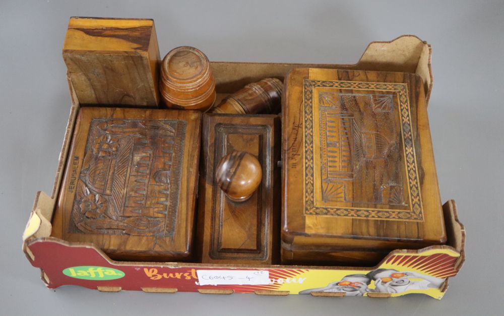 Twelve pieces of olivewood, stamped Jerusalem